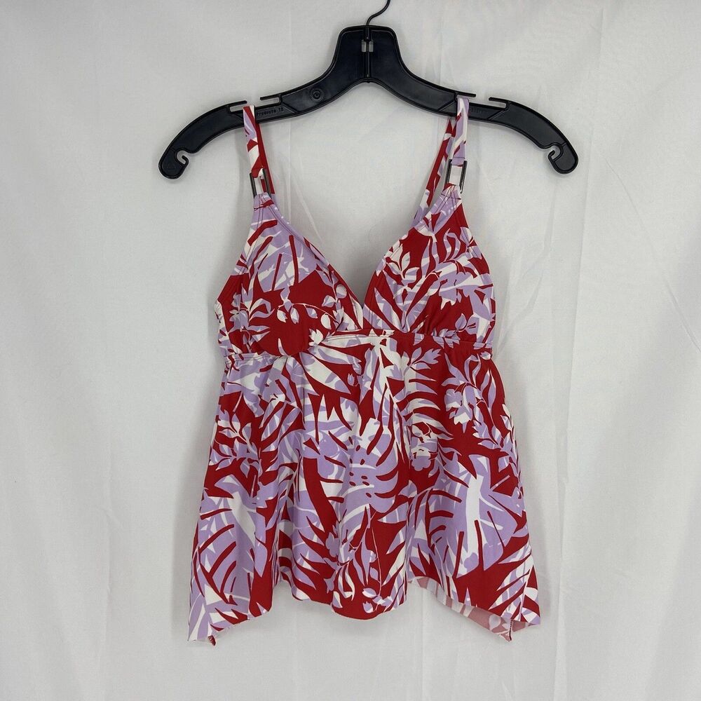 Women's Square Neck Sharkbite Hem Tankini Top Kona Sol Red & White Leaf XS (0-2)